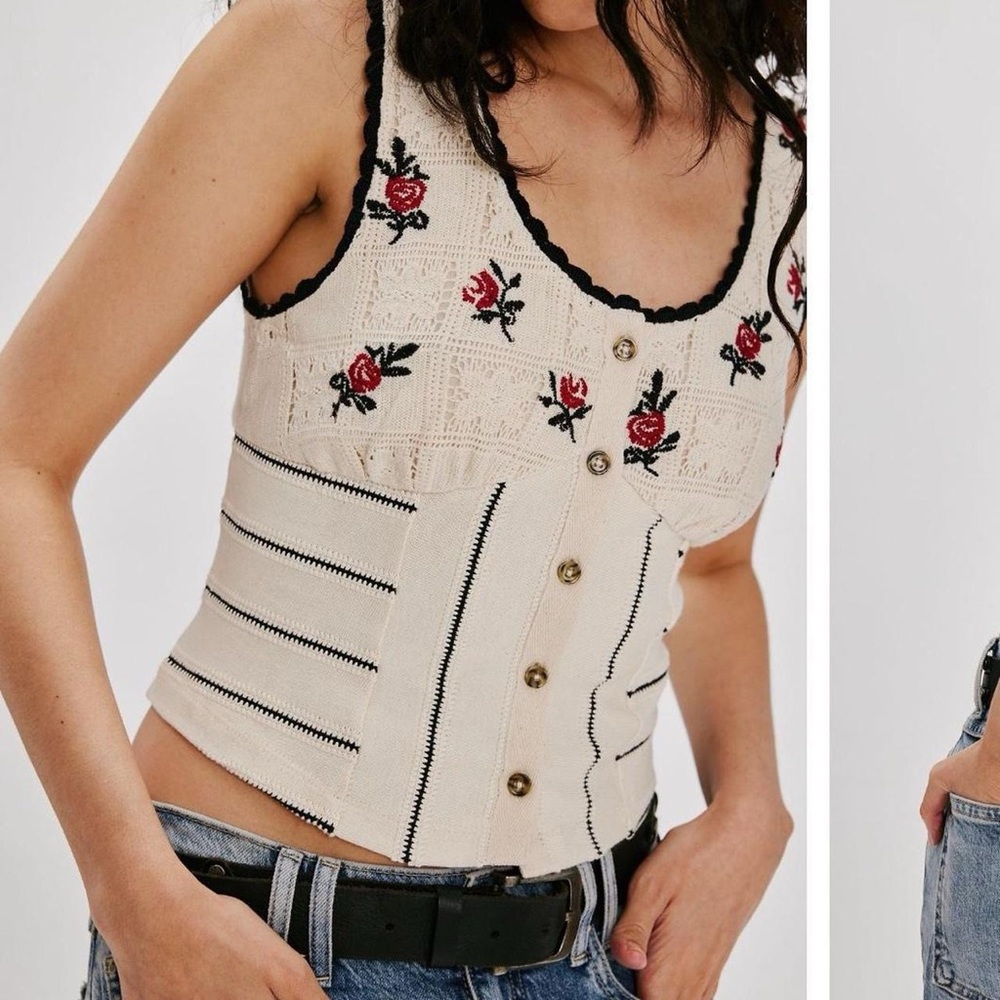 NWT Free People Rose Bud Floral Embroidered Lace Corset Tank Top in Ivory - L - Picture 2 of 8
